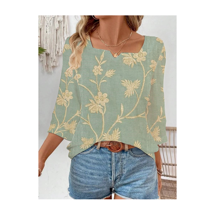 Women Floral Three Quarter Sleeve Blouse Spring/Fall Printing Notched Daily Casual Top