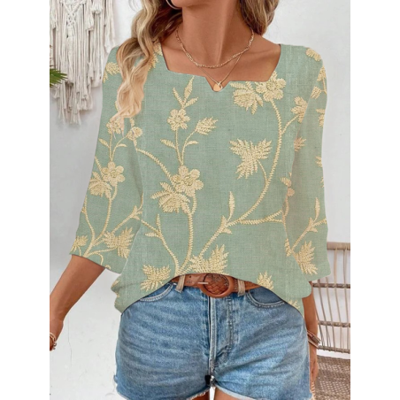 Women Floral Three Quarter Sleeve Blouse Spring/Fall Printing Notched Daily Casual Top