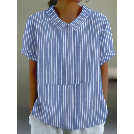 Women Striped Short Sleeve Shirt Summer Printing Shawl Collar Daily Casual Top