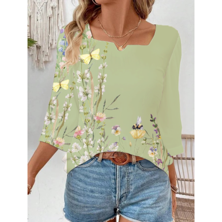 Women Floral Three Quarter Sleeve Blouse Spring/Fall Printing Notched Daily Casual Top