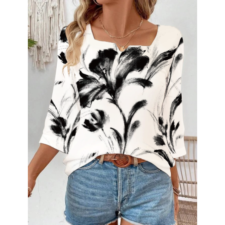 Women Floral Three Quarter Sleeve Blouse Spring/Fall Printing Notched Daily Casual Top