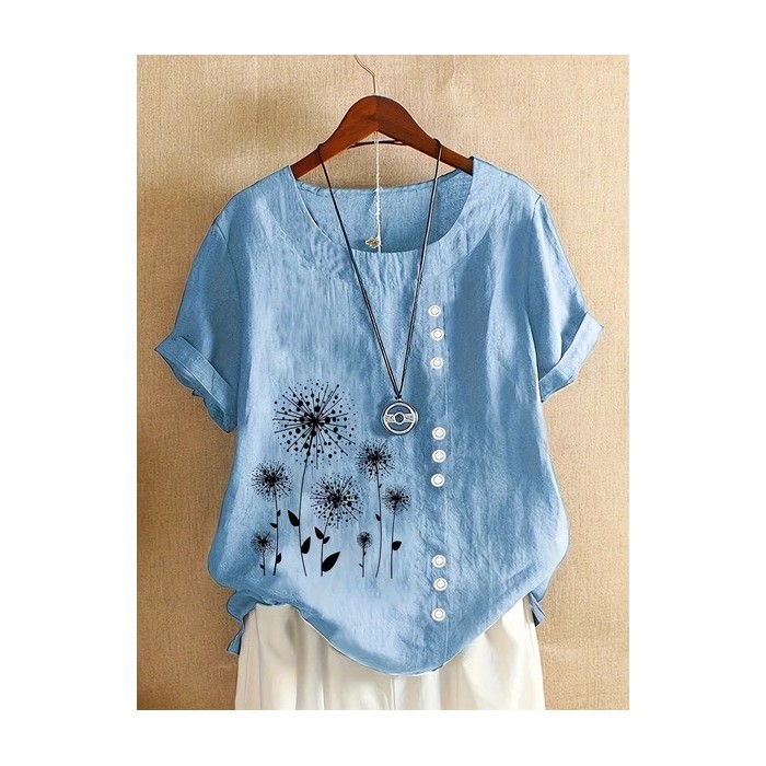 Women Floral Short Sleeve Shirt Summer Printing Crew Neck Daily Casual Top