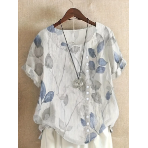 Women Floral Short Sleeve Shirt Summer Printing Crew Neck Daily Casual Top