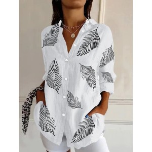 Women Feather Long Sleeve Shirt Spring/Fall Buckle Shirt Collar Daily Casual Top