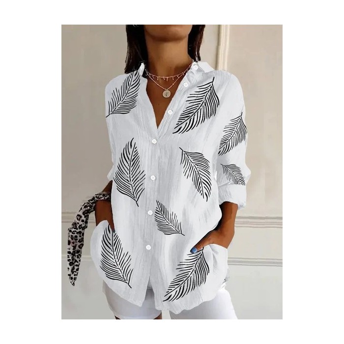 Women Feather Long Sleeve Shirt Spring/Fall Buckle Shirt Collar Daily Casual Top