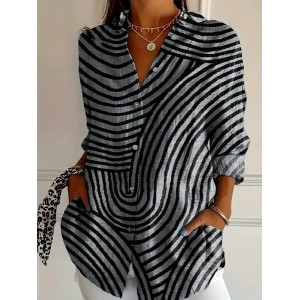 Women Striped Long Sleeve Shirt Spring/Fall Shirt Collar Daily Casual Top