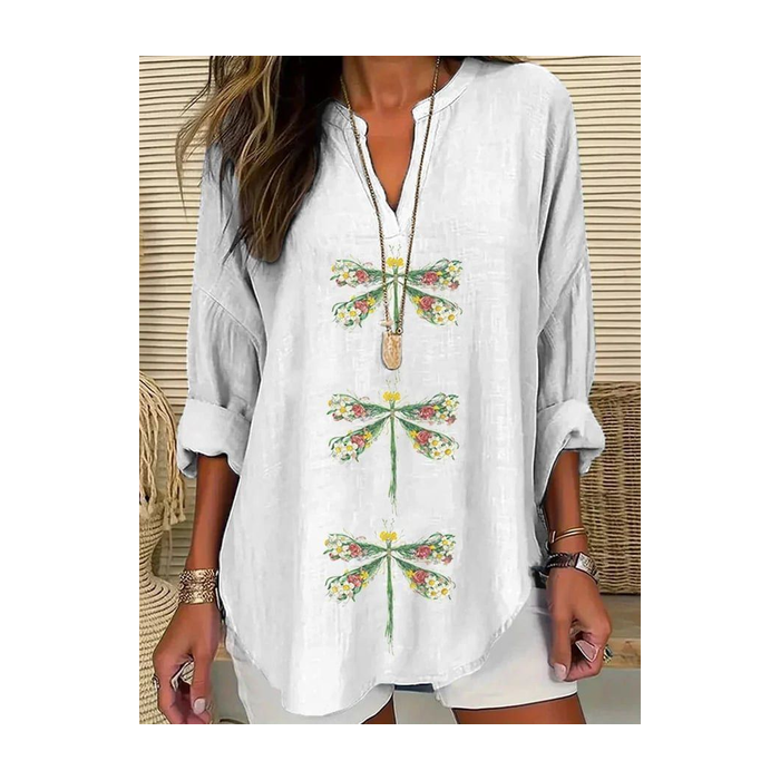 Women Dragonfly Long Sleeve Blouse Spring/Fall Printing V Neck Daily Casual Top