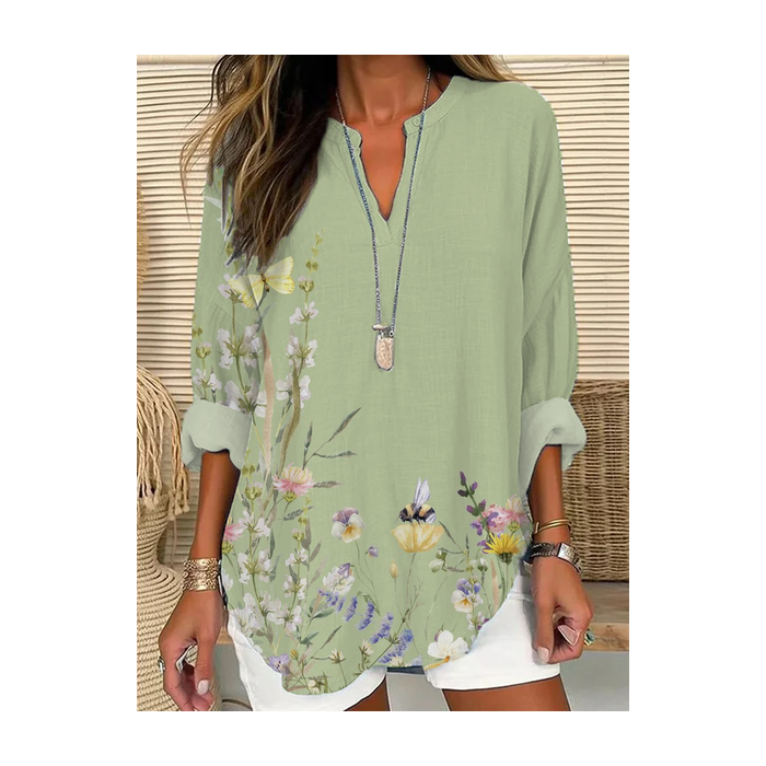 Women Floral Long Sleeve Blouse Spring/Fall Printing V Neck Daily Casual Top