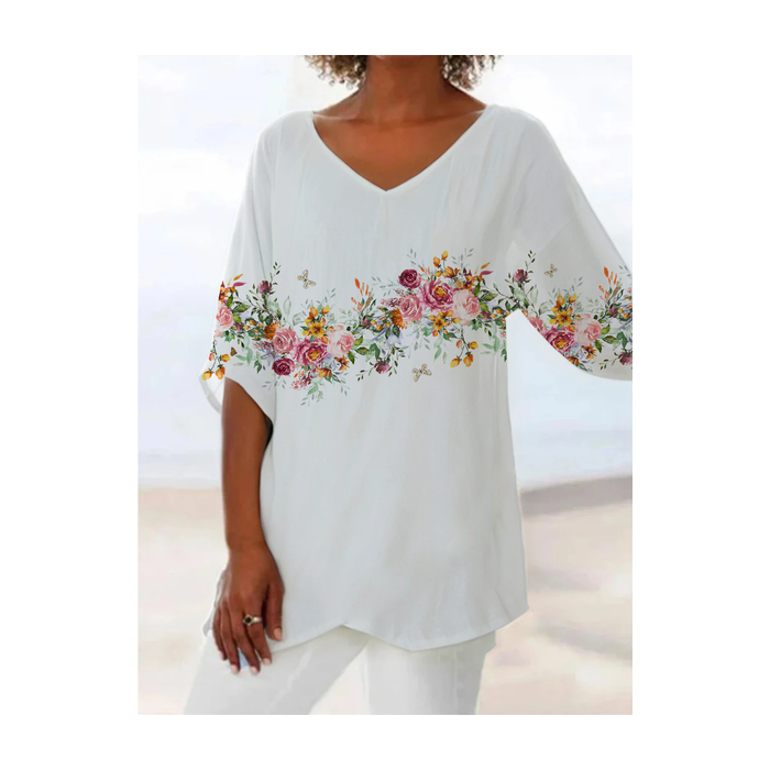 Women Floral Short Sleeve Shirt Summer Printing V Neck Daily Casual Top