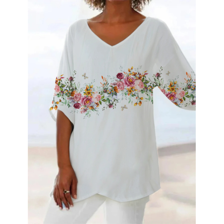 Women Floral Short Sleeve Shirt Summer Printing V Neck Daily Casual Top