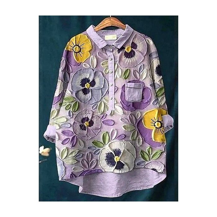 Women Floral Long Sleeve Shirt Spring/Fall Printing Shirt Collar Daily Casual Top