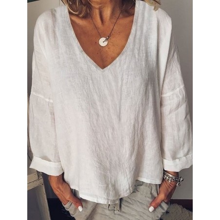 Women Plain Long Sleeve Blouse Spring/Fall V Neck Daily Casual Top