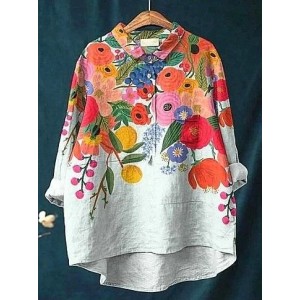 Women Floral Long Sleeve Shirt Spring/Fall Printing Shirt Collar Daily Casual Top