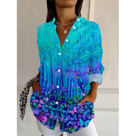 Women Floral Long Sleeve Shirt Spring/Fall Buckle Shirt Collar Daily Casual Top