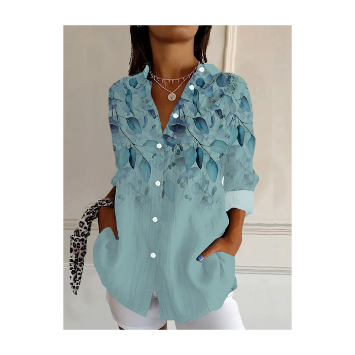 Women Floral Long Sleeve Shirt Spring/Fall Buckle Shirt Collar Daily Casual Top