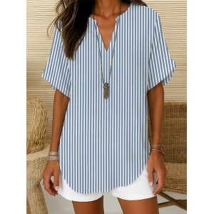 Women Striped Short Sleeve Shirt Summer Printing V Neck Daily Casual Top