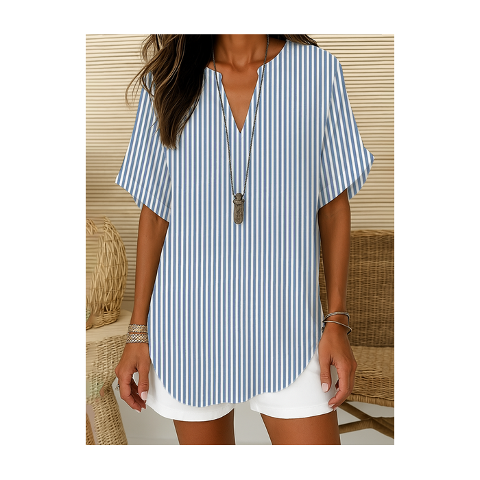 Women Striped Short Sleeve Shirt Summer Printing V Neck Daily Casual Top