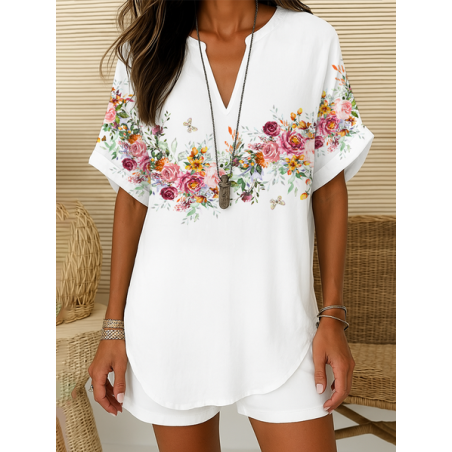 Women Floral Short Sleeve Shirt Summer Printing V Neck Daily Casual Top