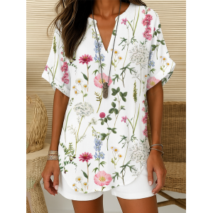 Women Floral Short Sleeve Shirt Summer Printing V Neck Daily Casual Top