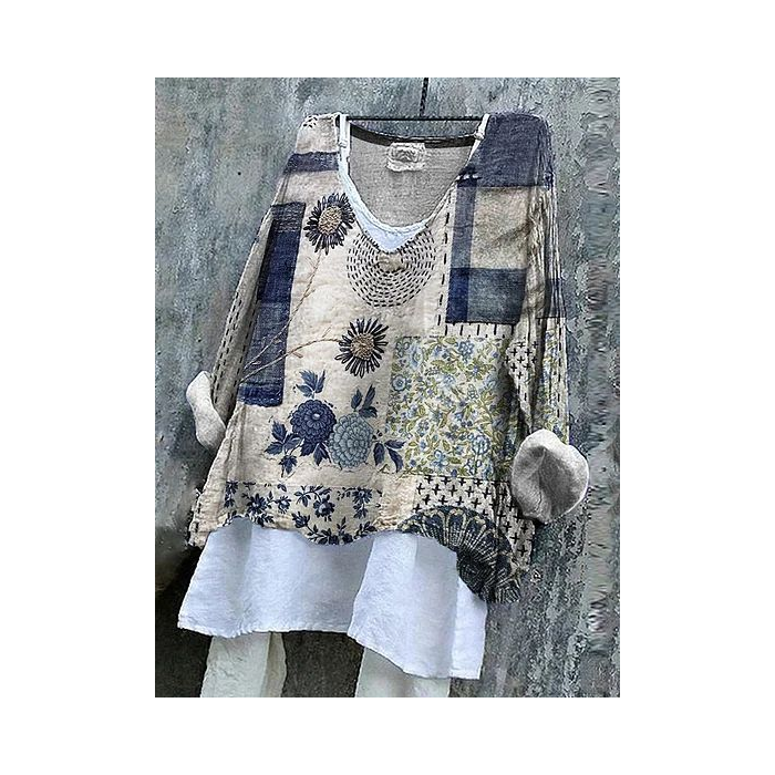 Women Floral Long Sleeve Blouse Spring/Fall Printing V Neck Daily Casual Top