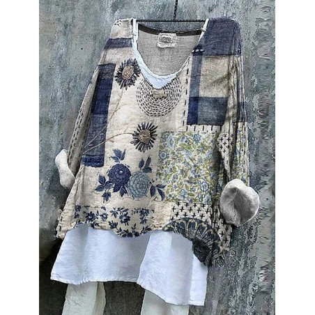 Women Floral Long Sleeve Blouse Spring/Fall Printing V Neck Daily Casual Top