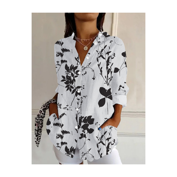 Women Floral Long Sleeve Shirt Spring/Fall Buckle Shirt Collar Daily Casual Top