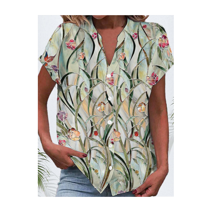 Women Floral Short Sleeve Shirt Summer Buckle V Neck Daily Casual Top