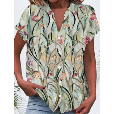 Women Floral Short Sleeve Shirt Summer Buckle V Neck Daily Casual Top