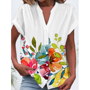 Women Floral Short Sleeve Shirt Summer Buckle V Neck Daily Casual Top