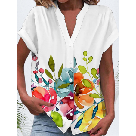 Women Floral Short Sleeve Shirt Summer Buckle V Neck Daily Casual Top