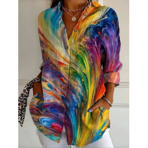 Women Abstract Long Sleeve Shirt Spring/Fall Buckle Shirt Collar Daily Casual Top