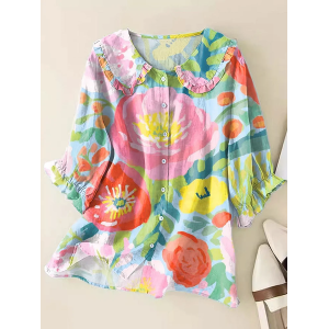 Women Floral Short Sleeve Shirt Summer Printing Shawl Collar Daily Casual Top