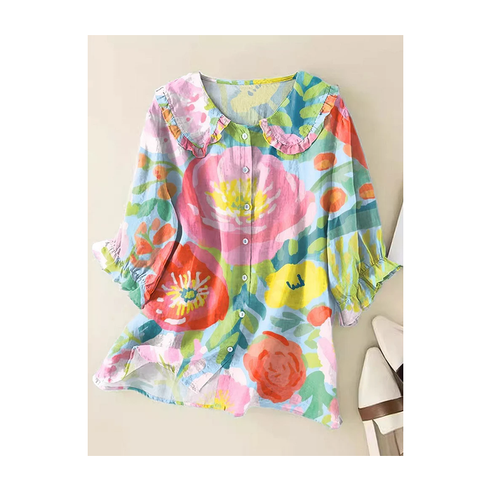 Women Floral Short Sleeve Shirt Summer Printing Shawl Collar Daily Casual Top
