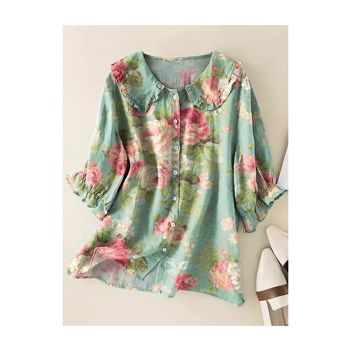 Women Floral Short Sleeve Shirt Summer Printing Shawl Collar Daily Casual Top
