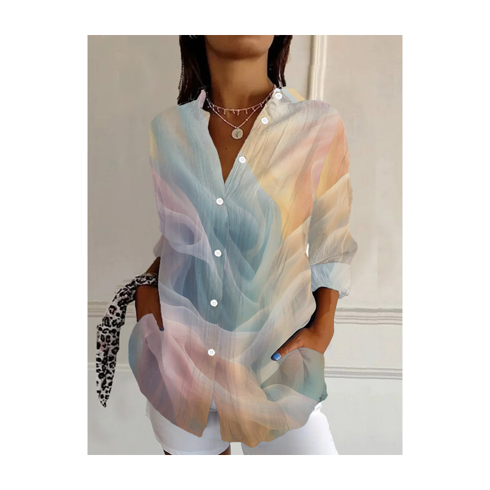 Women Ombre Long Sleeve Shirt Spring/Fall Buckle Shirt Collar Daily Casual Top