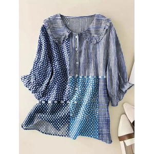 Women Striped Short Sleeve Shirt Summer Printing Shawl Collar Daily Casual Top