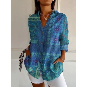 Women Floral Long Sleeve Shirt Spring/Fall Buckle Shirt Collar Daily Casual Top