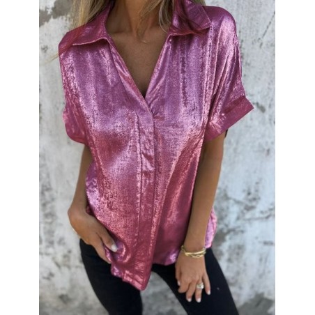 Women Plain Short Sleeve Shirt Summer Metal Shawl Collar Daily Casual Top