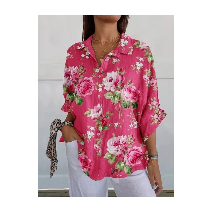Women Floral Three Quarter Sleeve Shirt Spring/Fall Printing Shirt Collar Daily Casual Top