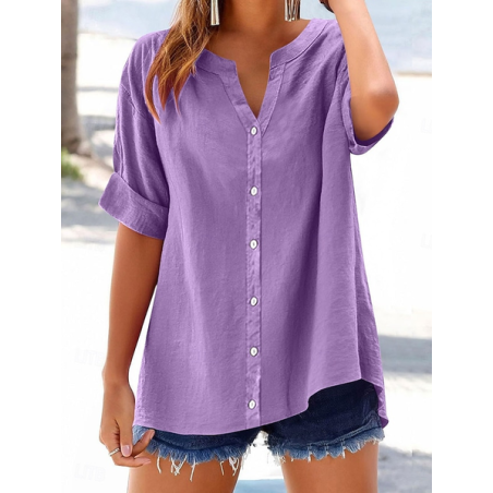 Women Plain Short Sleeve Shirt Summer V Neck Daily Casual Top