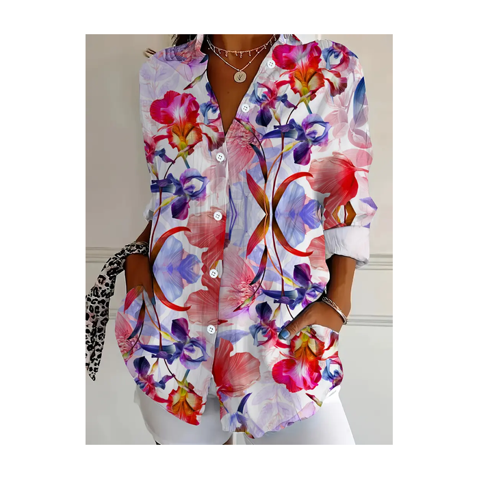 Women Floral Long Sleeve Shirt Spring/Fall Buckle Shirt Collar Daily Casual Top