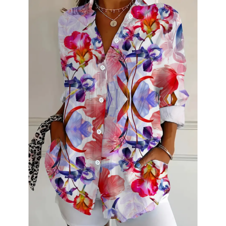 Women Floral Long Sleeve Shirt Spring/Fall Buckle Shirt Collar Daily Casual Top
