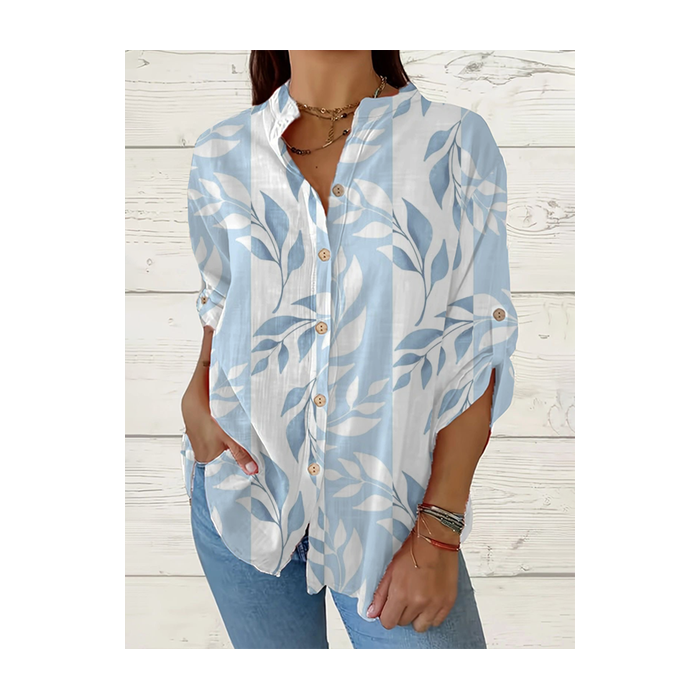 Women Floral Long Sleeve Shirt Spring/Fall Printing Stand Collar Daily Casual Top