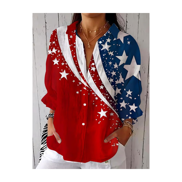 Women Independence Day (Flag) Three Quarter Sleeve Shirt Spring/Fall Printing Shirt Collar Daily Casual Top