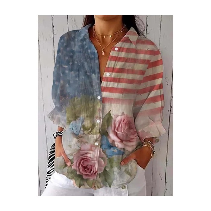 Women Floral Three Quarter Sleeve Shirt Spring/Fall Printing Shirt Collar Daily Casual Top