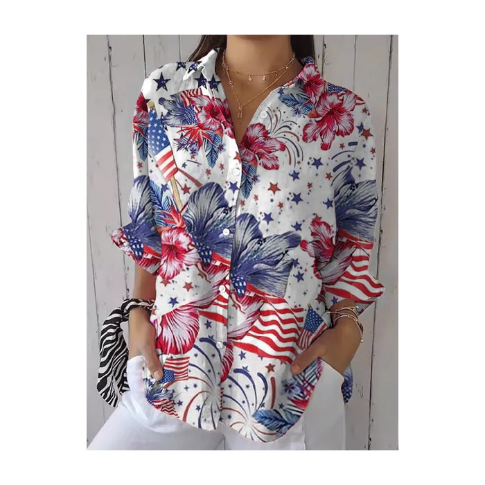 Women Floral Three Quarter Sleeve Shirt Spring/Fall Printing Shirt Collar Daily Casual Top