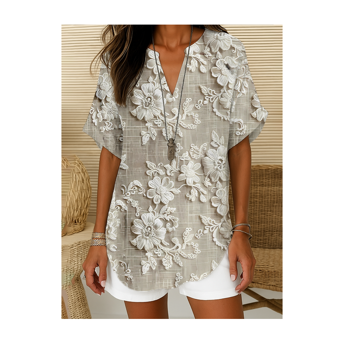 Women Floral Short Sleeve Shirt Summer Printing V Neck Daily Casual Top