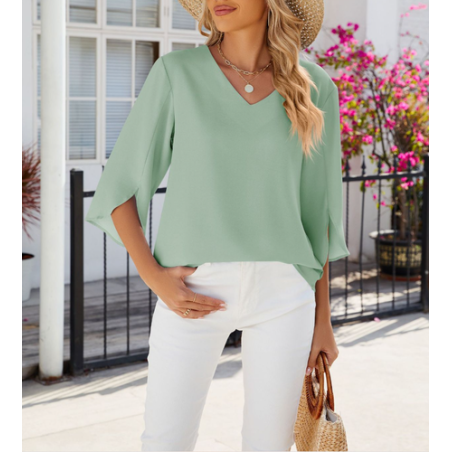 Women Plain Half Sleeve Shirt Summer Split Joint V Neck Daily Casual Top