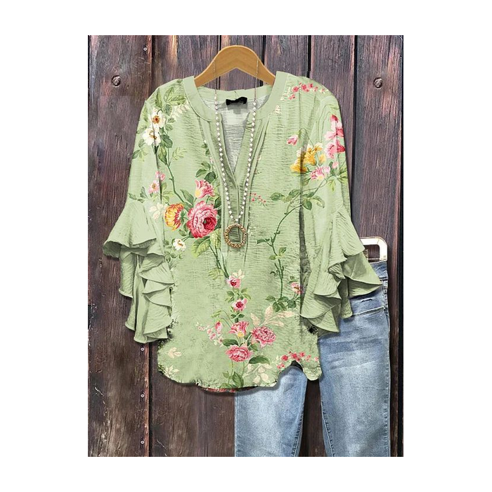 Women Floral Half Sleeve Shirt Summer Printing V Neck Daily Casual Top