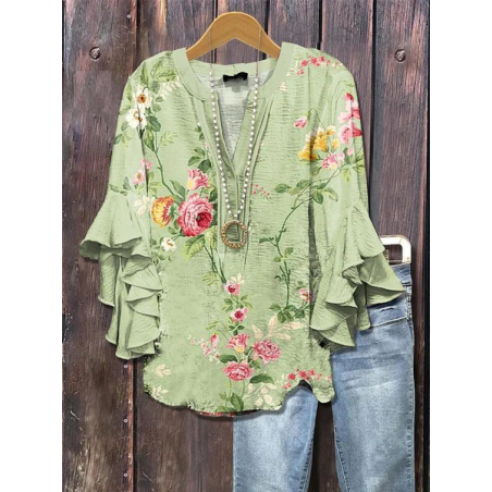 Women Floral Half Sleeve Shirt Summer Printing V Neck Daily Casual Top